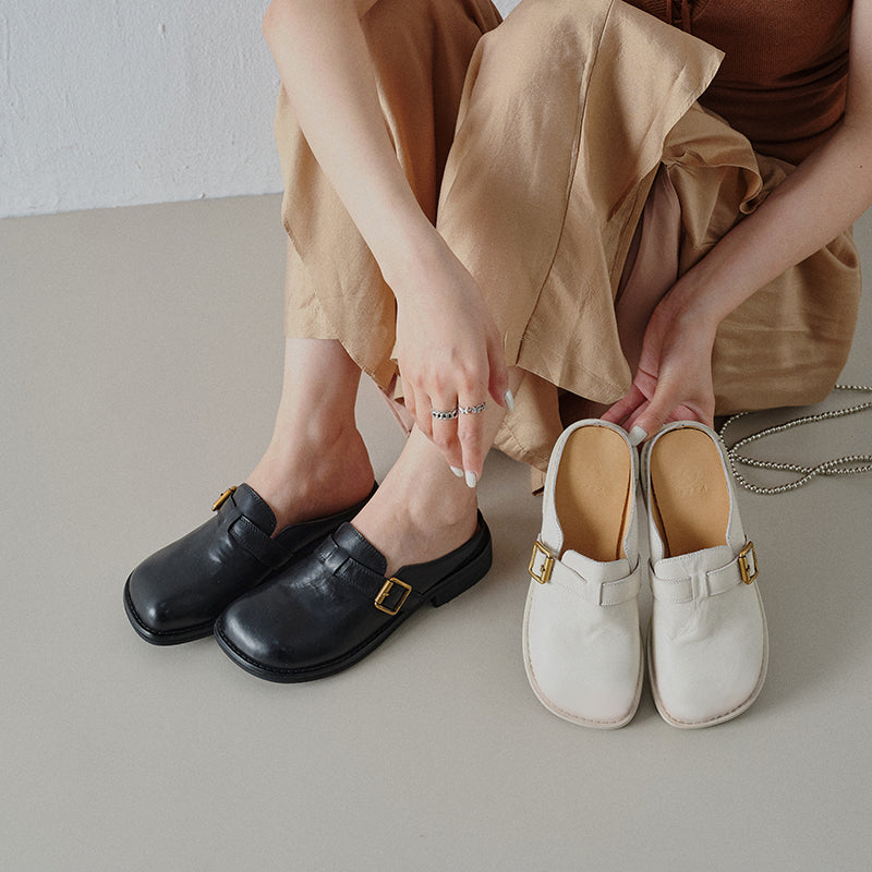 Women's Full Grain Leather Buckle Mules | Retro Low Block Heel Backless Shoes