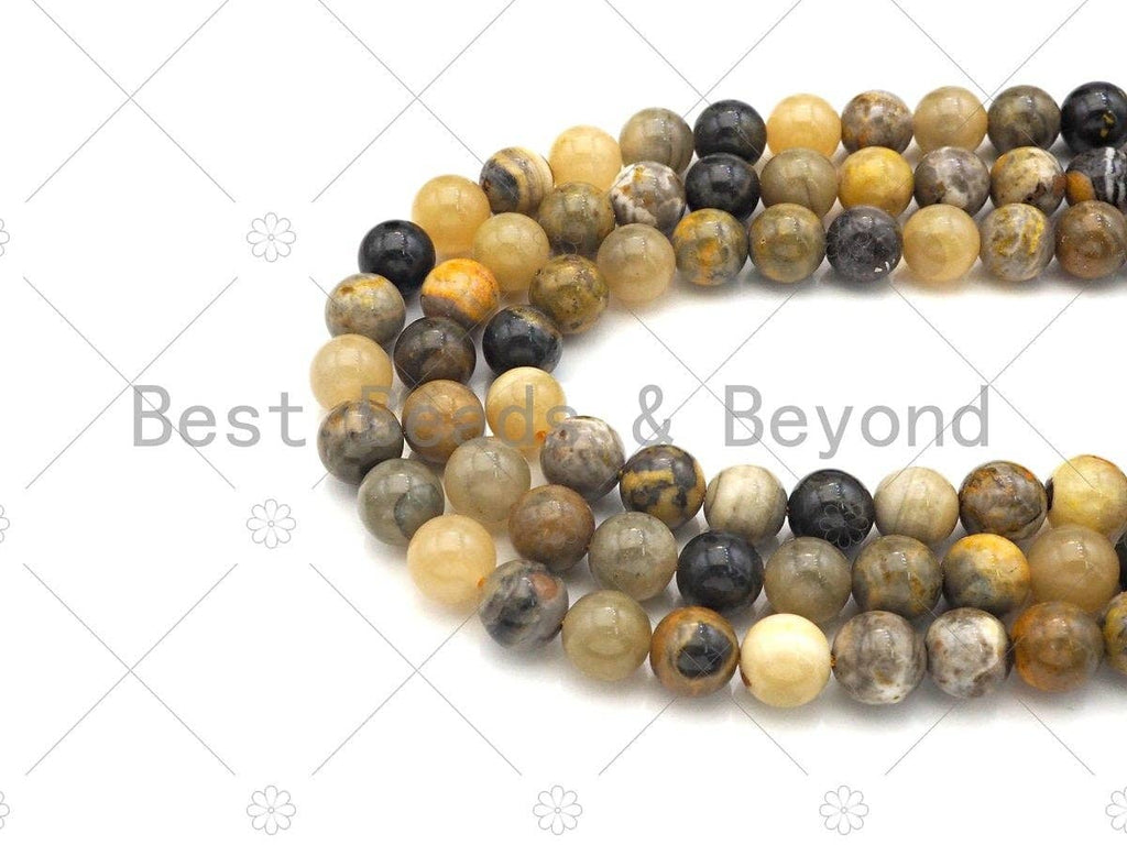 Quality Genuine Bumblebee Jasper Round Smooth Beads, 6mm/8mm/10mm/12mm Orange Yellow Black Matrix Beads, 15.5'' Full Strand, Sku#U1142