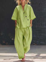 Load image into Gallery viewer, V-Neck Short Sleeve Top &amp; High-Waist Trousers Two-Piece Set