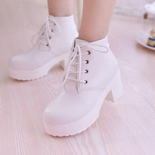 Load image into Gallery viewer, Women's Chunky Heel Lace-Up Ankle Boots | Round Toe | White &amp; Black