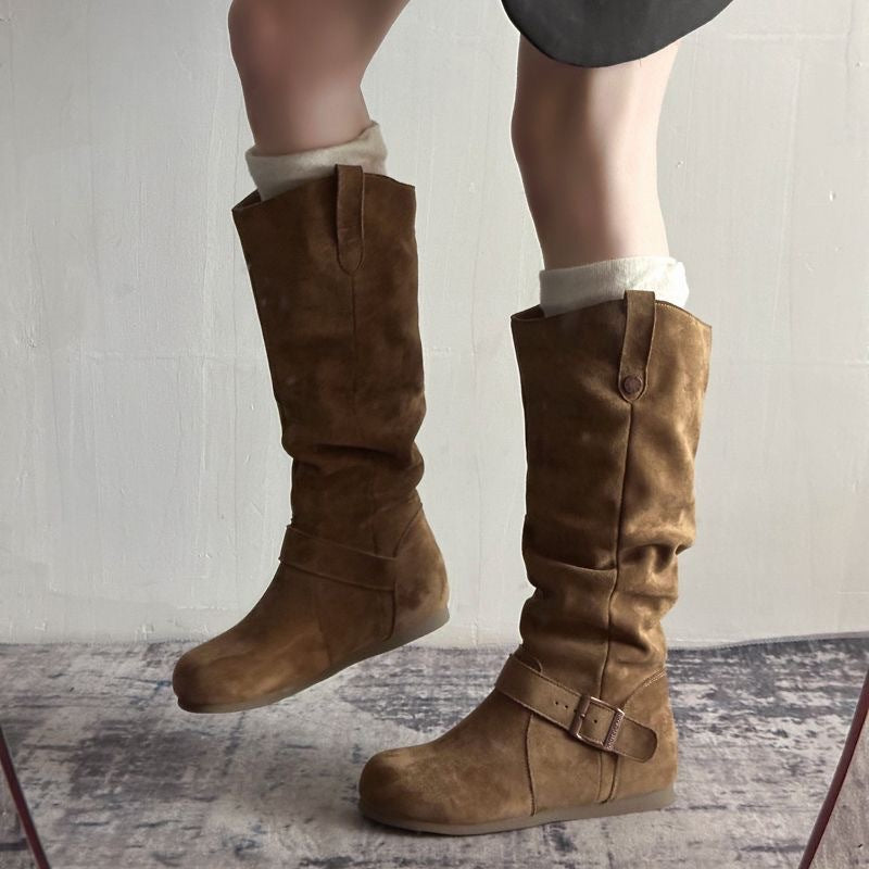 Women's Vintage Denim Lace-Up Long Boots – Mid Heel Round Toe All-Season Boots