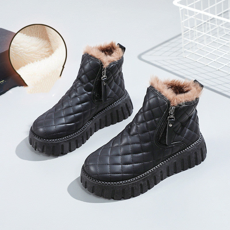 Women's Plaid Platform Ankle Boots | Side Zipper Plush Lined Snow Boots