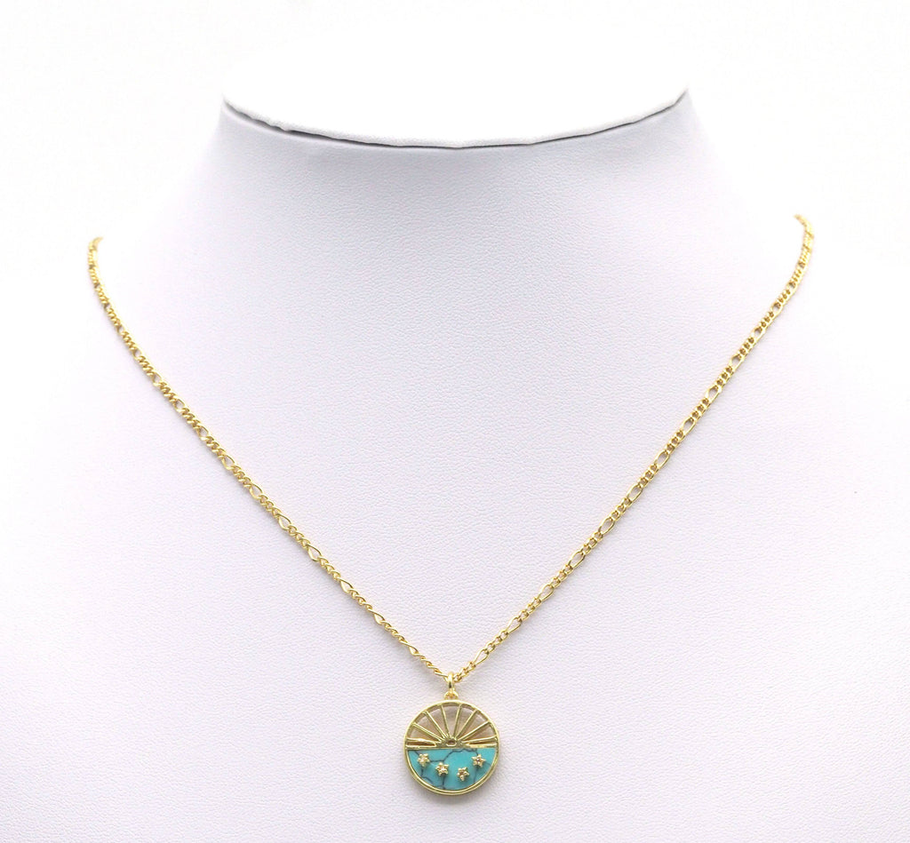 Turquoise Mop CZ Five Point Star On Round Charm, Sku#L691