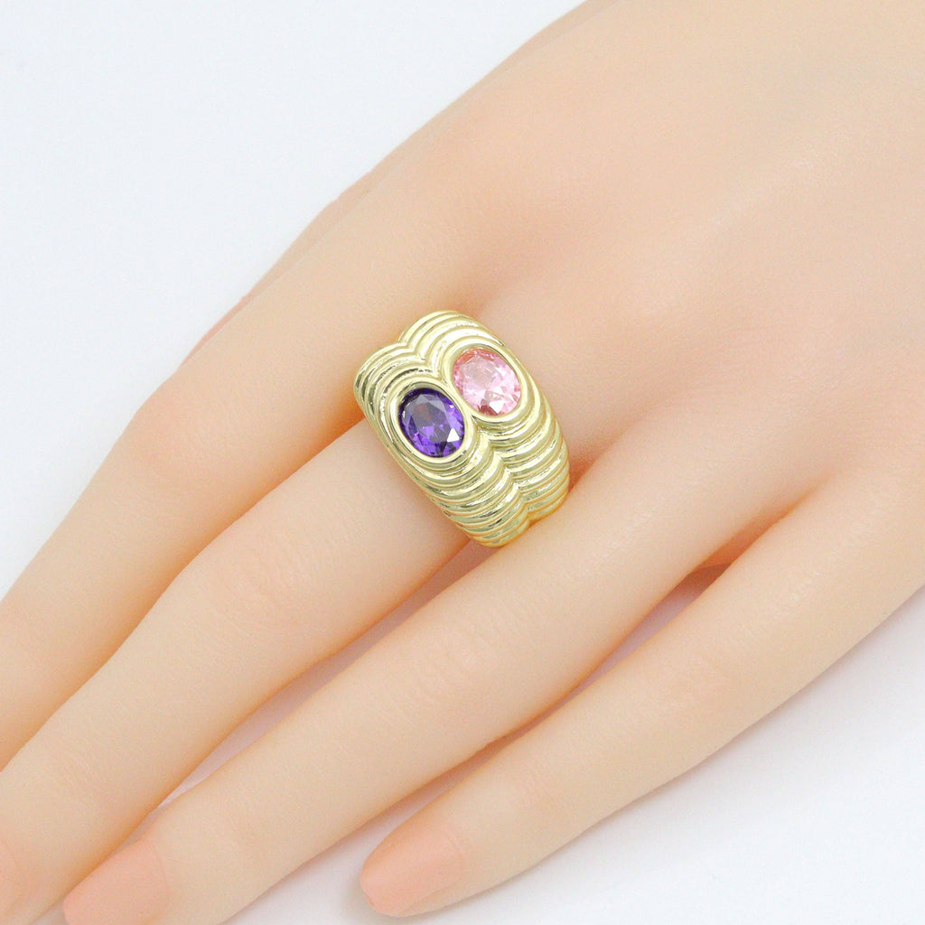 Double Line Two color Oval Stone Statement Adjustable Ring, Sku#A493