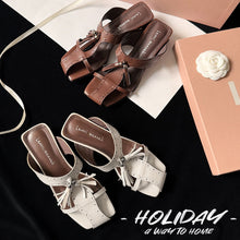 Load image into Gallery viewer, Women's Tassel Slide Sandals | Square Toe Block Heel Cowhide Mules