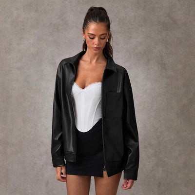 High-end Sophisticated Leather Jacket With A Lapel Collar And Zipper-front Cardigan Top