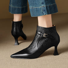 Load image into Gallery viewer, Women's Pointed Toe Chunky Heel Ankle Boots | Slip-On Leather Patchwork | Black &amp; Brown