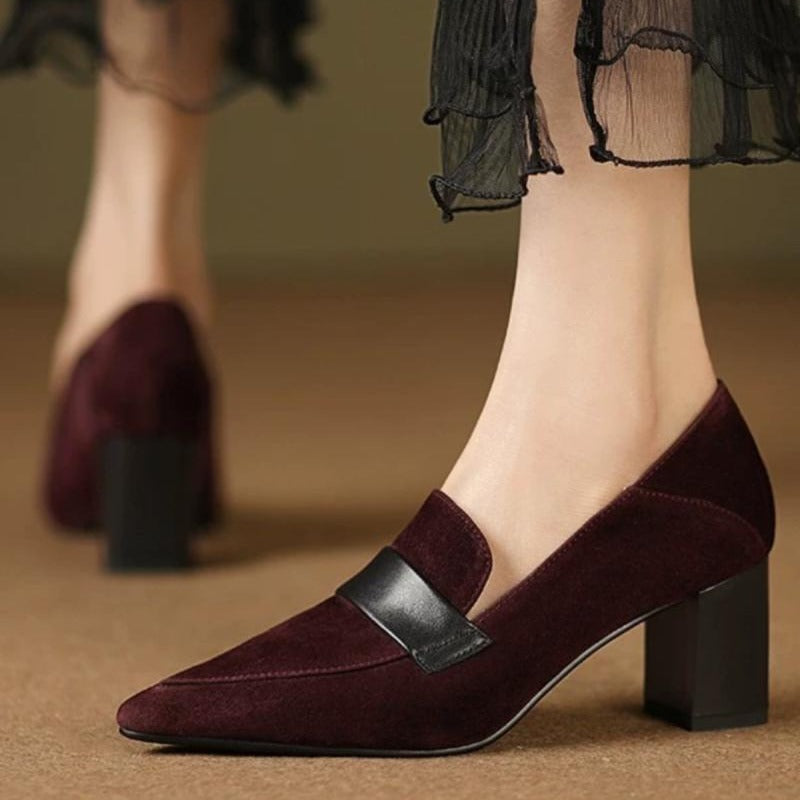 Women's Pointed-Toe Chunky Heel Loafers | Suede Slip-On Work Heels