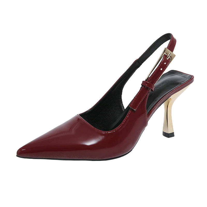 Women's Pointed-Toe Stiletto Sandals | Low Heel Slip-On Dress Shoes in Black, Nude & Red
