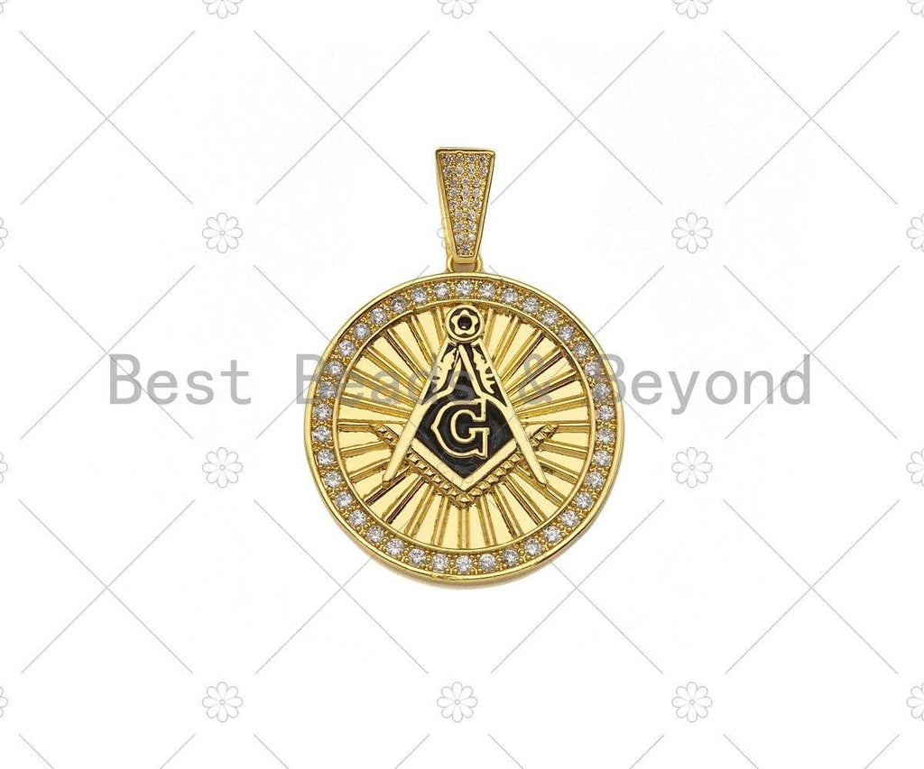 CZ Micro Pave G Word On Round Medallion Pendant,Black Enamel Gold/Silver Charm, Necklace Bracelet Charm Pendant, 35x38mm, Sku#L552