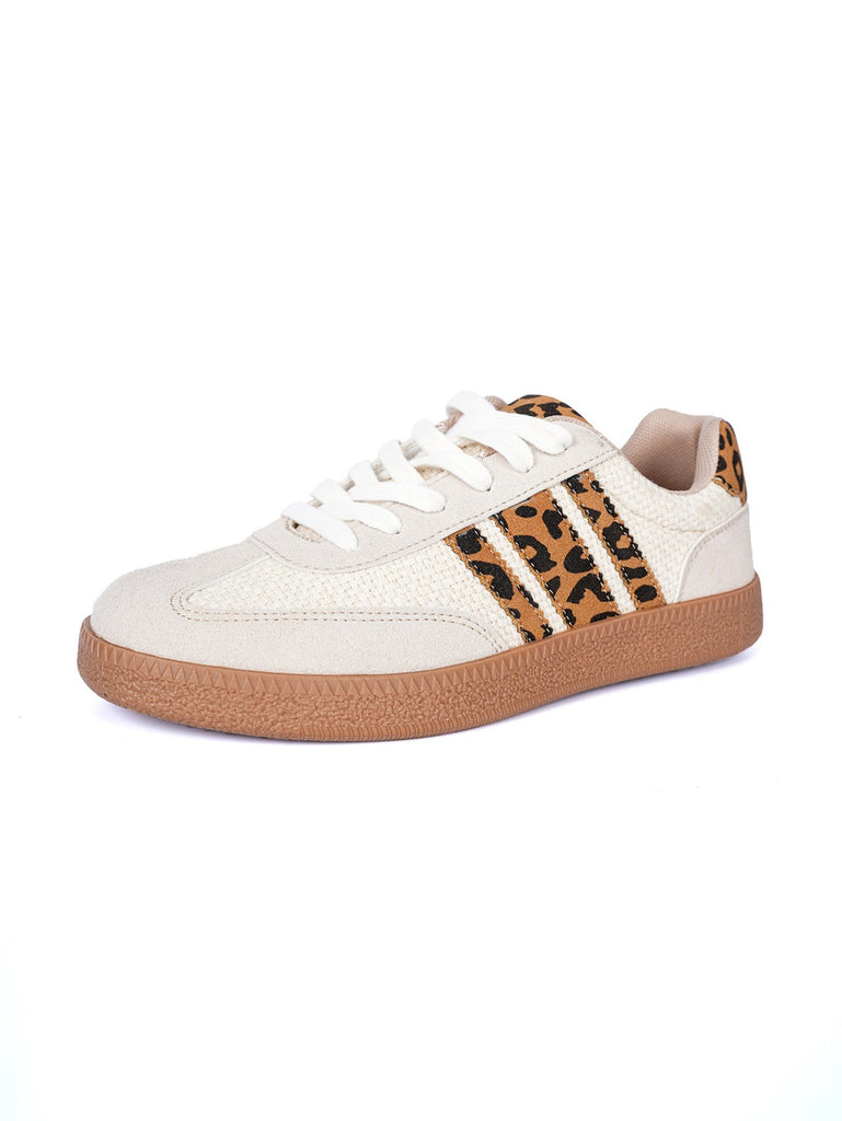 Retro Color-block Lace-up Flat Sneakers – Women's Round Toe PU Mesh Shoes