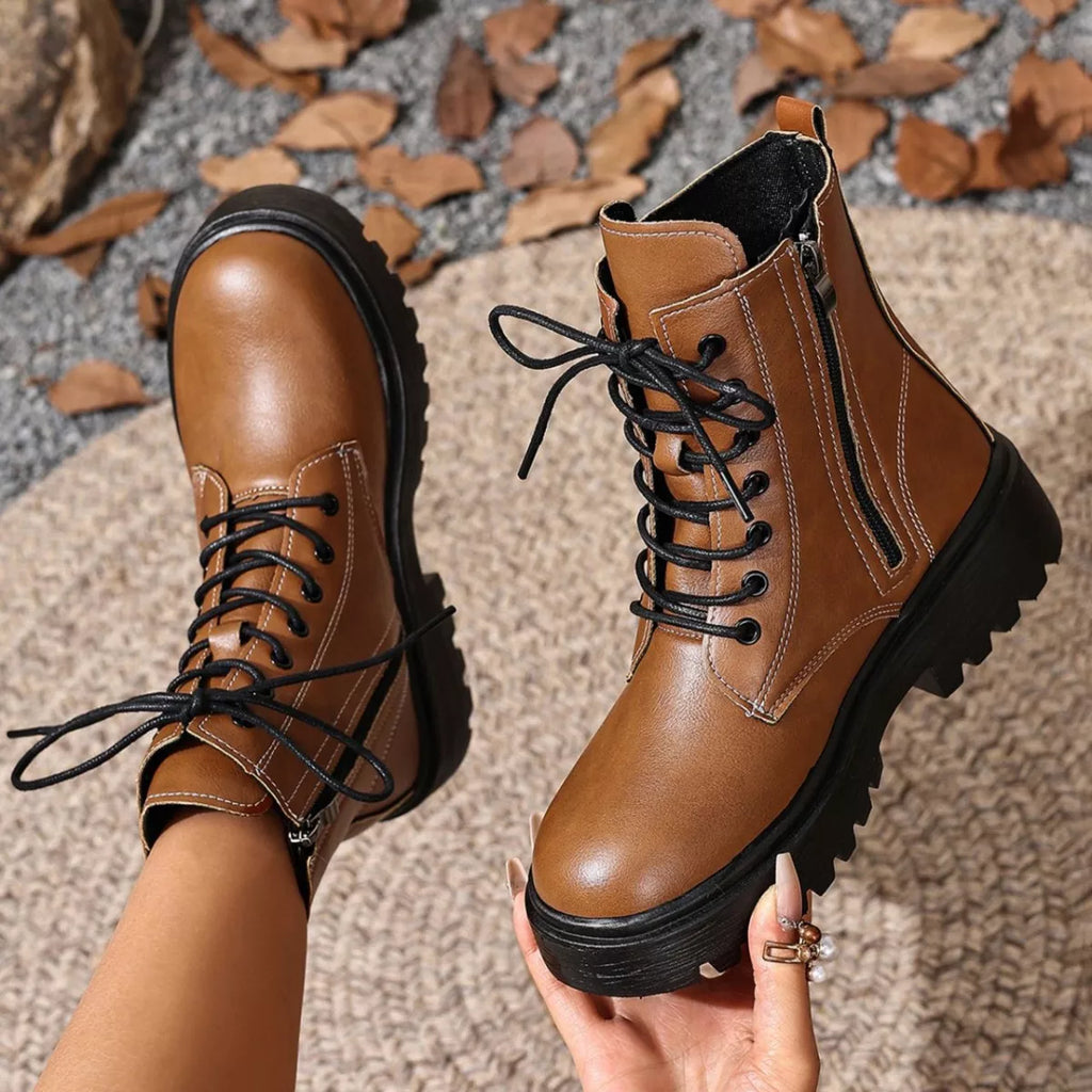 Women's Lace-Up Ankle Combat Boots | Low Heel PU Leather | Khaki Pink Brown