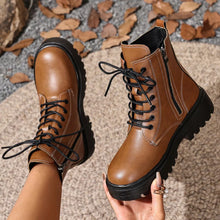 Load image into Gallery viewer, Women's Lace-Up Ankle Combat Boots | Low Heel PU Leather | Khaki Pink Brown