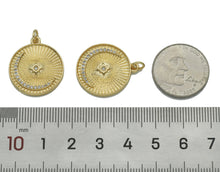Load image into Gallery viewer, CZ Gold Cresent Moon On Round Coin Charm, Sku#LX154