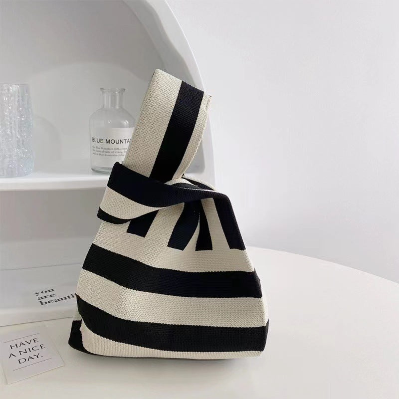 Women's Knit Tote Bag - Urban Minimalist Striped Handbag with Multiple Pockets