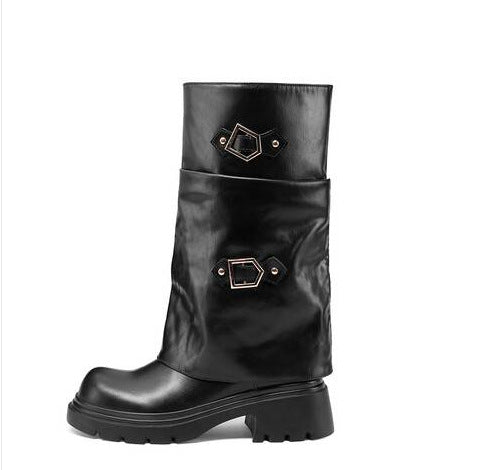 Women's Retro Multi-Layer Buckle Boots – Suede High-Top Boots with Stacked Buckle Detail