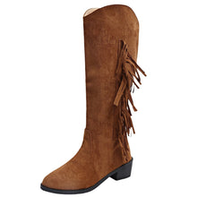 Load image into Gallery viewer, Suede Over-the-Knee Tassel Boots – Women's Brown Chunky Heel Slip-On