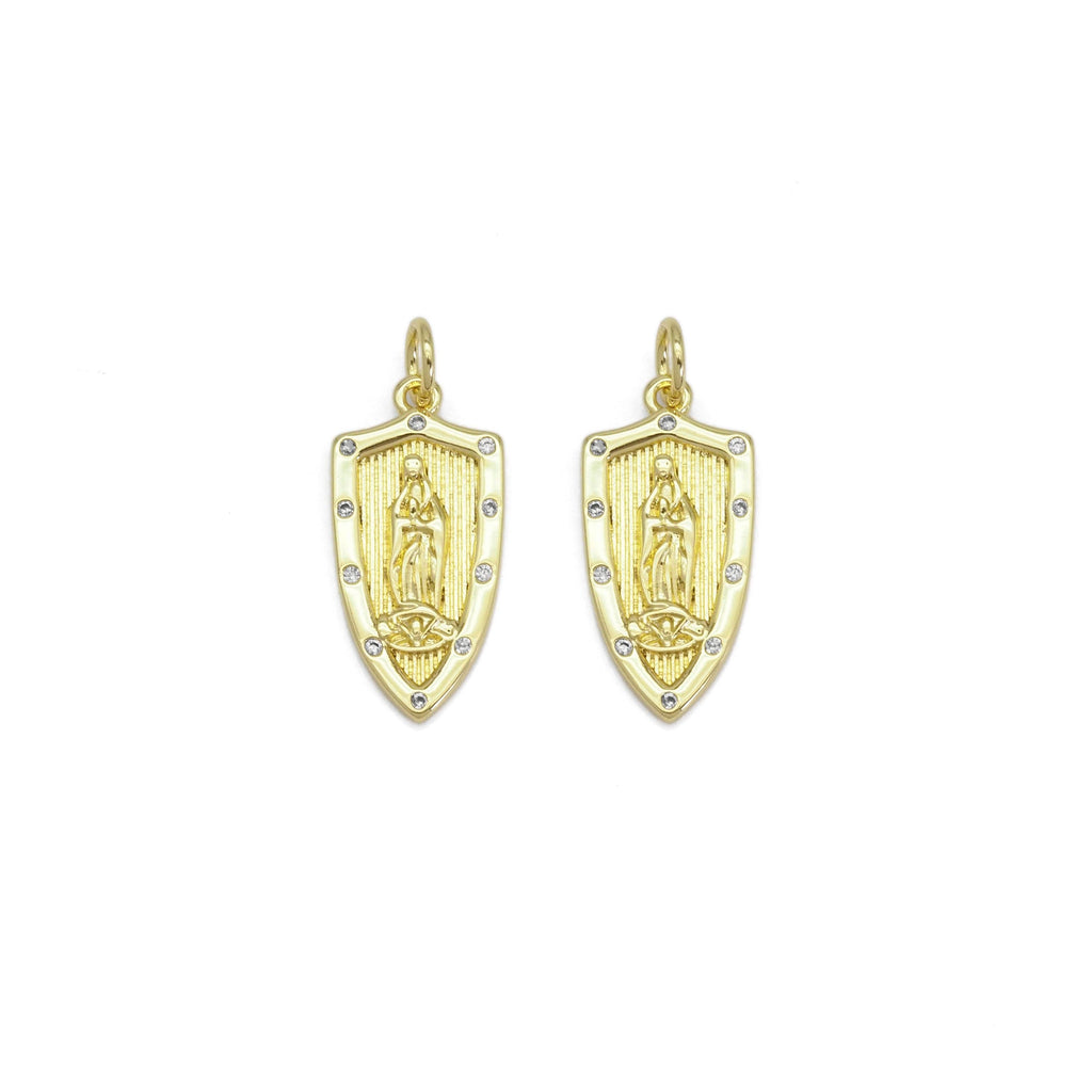 Clear CZ Gold Virgin Mary On Shield Charm, Sku#LX367