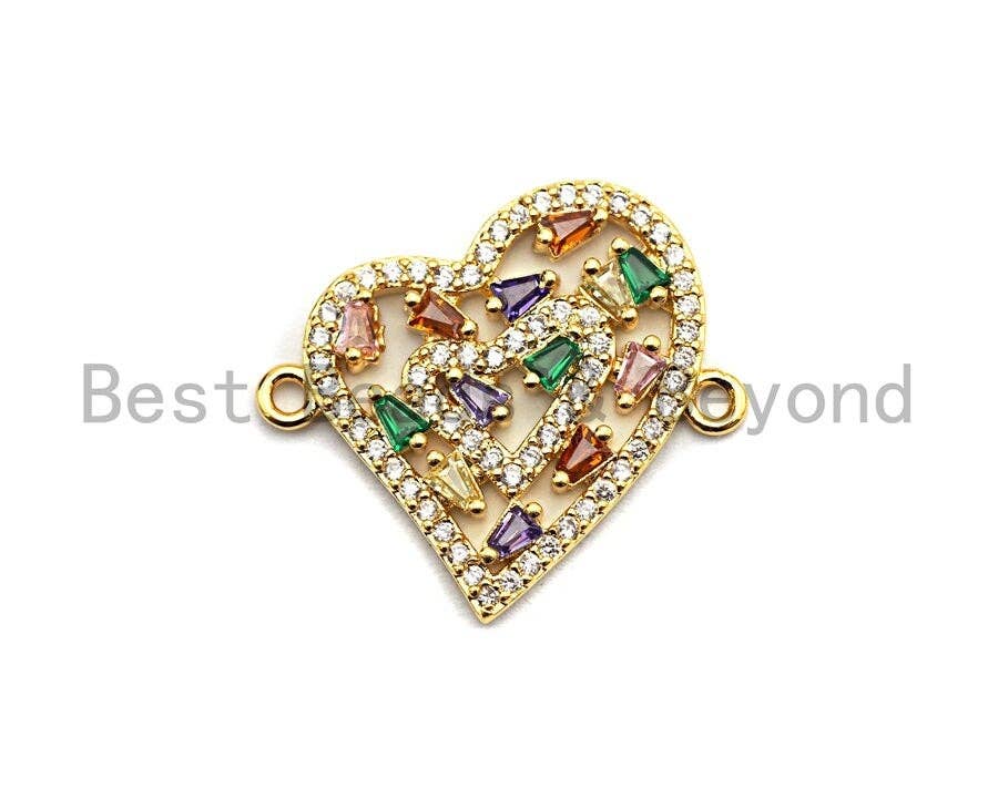 Colorful Baguette CZ Micro Pave Heart Shape Connector/Link, Cz Pave Bracelet Necklace Connector in Gold Finish,21x23mm,sku#M242