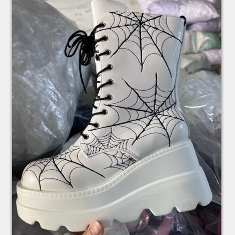 Women's Wedge-Heel Spiderweb Mid-Calf Boots | Plus Size | PU Leather | Side Zipper