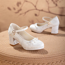 Load image into Gallery viewer, Women's Jacquard Mary Jane Platform Heels | Pearl Bow Waterproof Wedding Shoes
