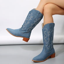 Load image into Gallery viewer, Women's Plus-Size Mid-Calf Western Boots – Blue Denim Embroidery Square Heel