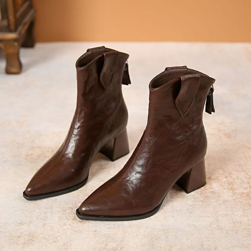 Women's Retro Chunky Heel Ankle Boots – Pointed Toe Side Zipper | Microfiber Leather | All-Season