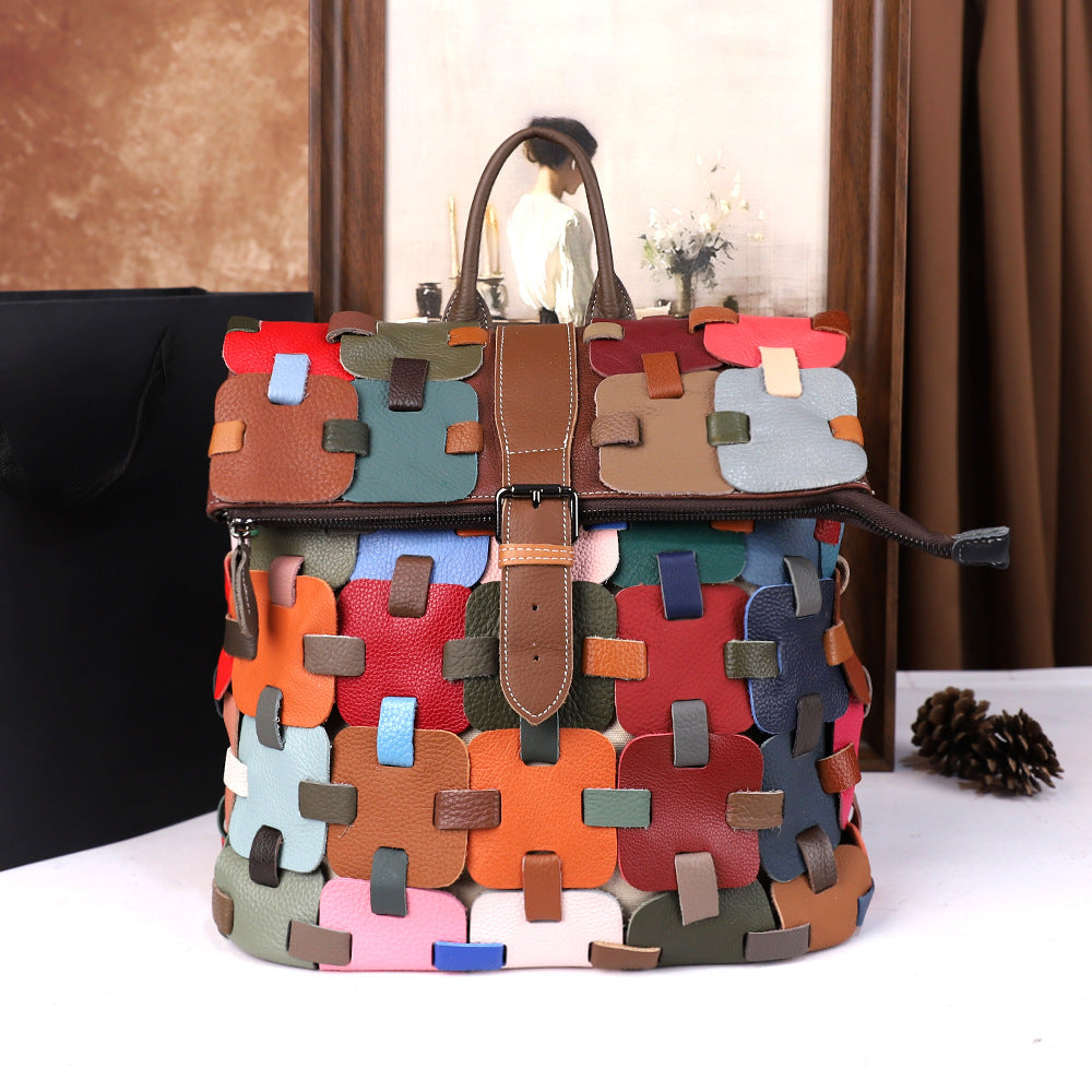 Colorful Plaid Floral Patchwork Genuine Leather Crossbody Bag for Women