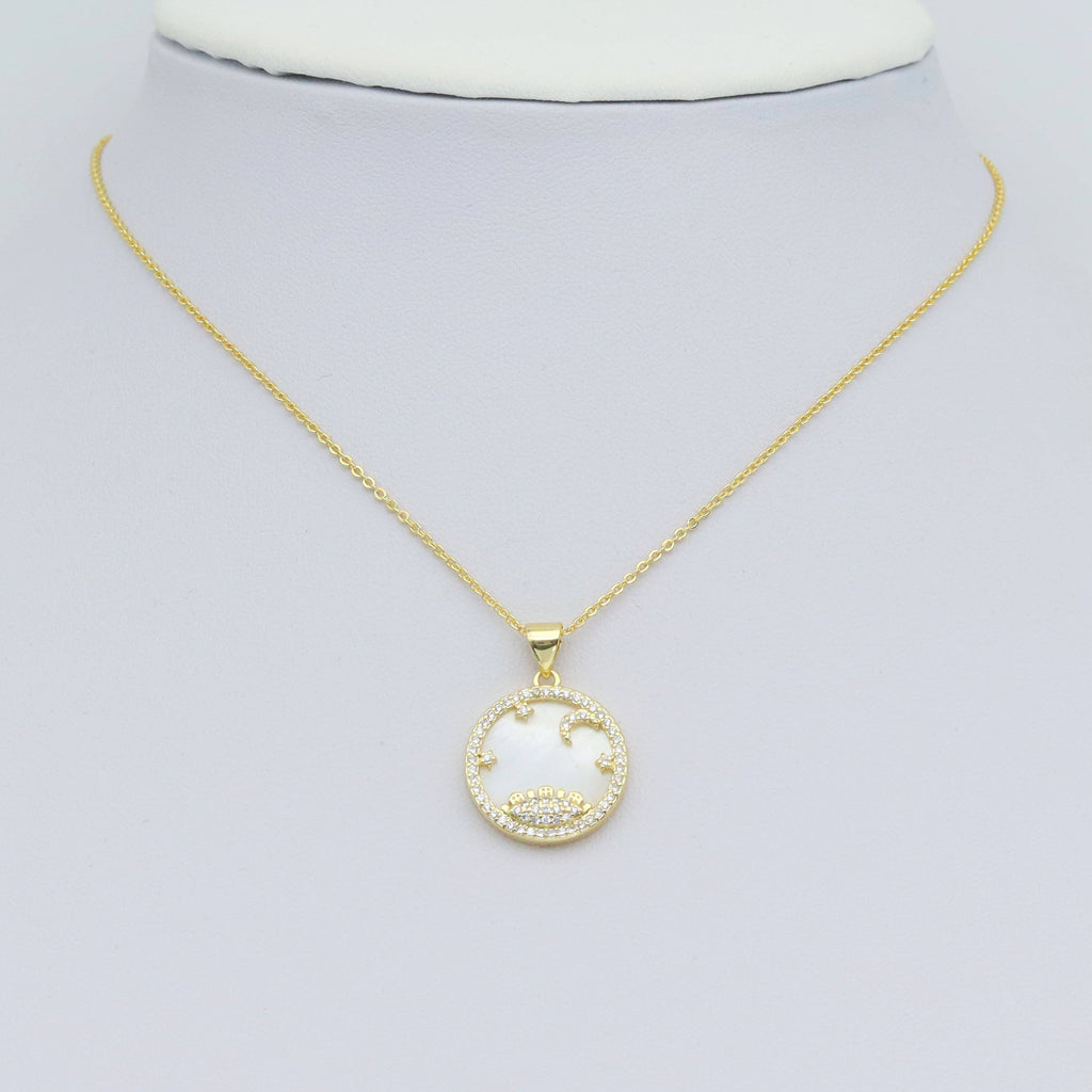 Gold Clear CZ Mother of Pearl Moon star Charm Pendant, Sku#LX687