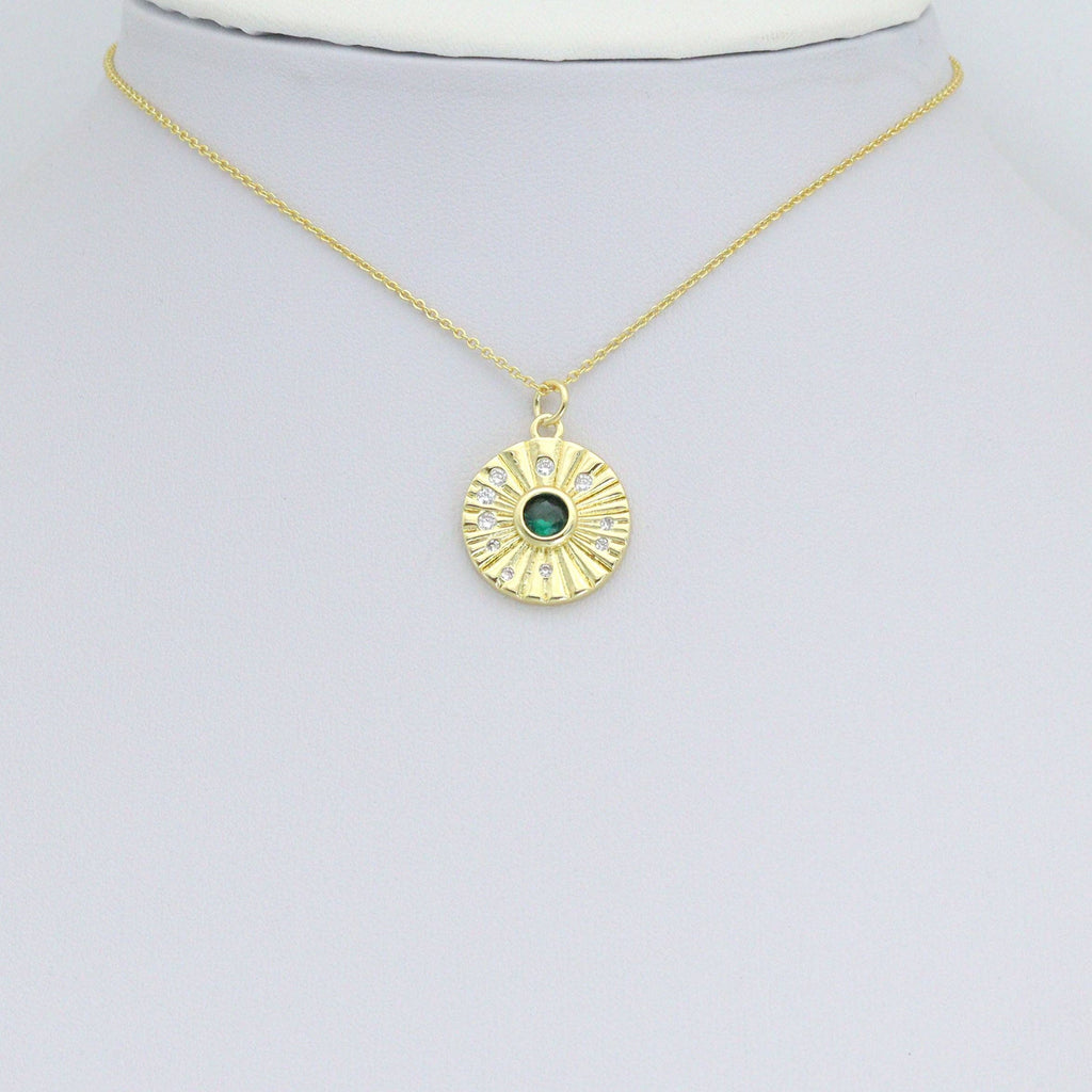 CZ Gold Radical Coin with Emerald Green Center Charm Pendant, Sku#LK1174