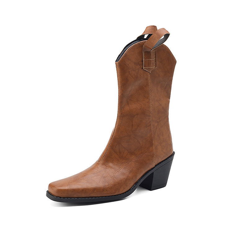 Women's Retro Square Toe V-Cut Mid-Calf Chunky Heel Boots | Synthetic PU | Sizes EU 34–43