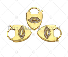 Load image into Gallery viewer, CZ Micro Pave Lips Padlock Clasp Charms, Lip CZ On Padlock Clasp, Gold Charm Pendant, Padlock Necklace Charm Connector, 17x24mm, Sku#K161