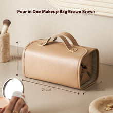 Load image into Gallery viewer, Women's Foldable Travel Cosmetic Bag – Large Capacity Waterproof PU Leather Makeup Organizer with Handle | Beige &amp; Brown