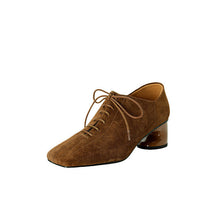 Load image into Gallery viewer, Women's Retro Sheepskin Chunky Heel Square Toe Pumps | Lace-Up Mid Heel Shoes