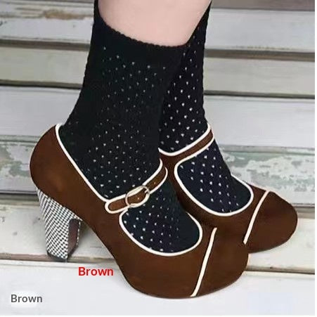 Women's Retro Round-Toe Chunky Heel Pumps with Ankle Strap Buckle | Suede Block Heel Dress Shoes