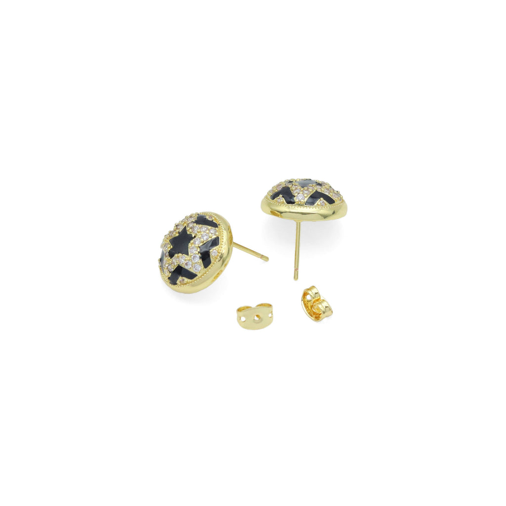 CZ Black Enamel Star On Round Stud Earrings, Sku#A396
