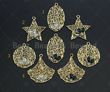 Load image into Gallery viewer, Filigree Gold Lacy Charm with Gemstone, Star/oval/Round/Fan Shape Brushed Gold Twisted Wire Charm for Earrings necklace making, sku#CP12