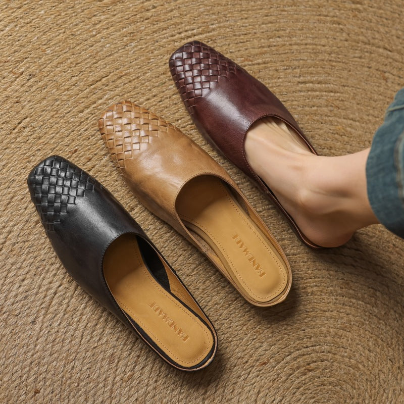 Women's Handmade Vintage Flat Leather Sandals | Cowhide Slip-On | Brown, Khaki & Black