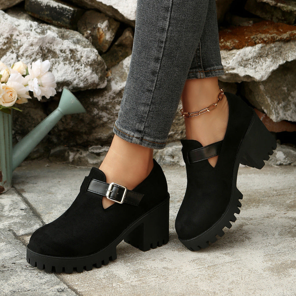 Women's Chunky Suede High Heels - Round Toe Block Heel Pumps