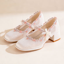 Load image into Gallery viewer, Women's Oriental Jacquard Satin Mary Jane Heels | Embroidered Lace Pearl Square Toe