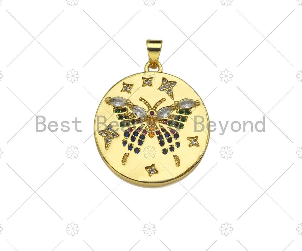 Colorful CZ Micro Pave Bee/Elephant/Butterfly On Round Coin Pendant,18K Dainty Gold Medallion Charm,Necklace Bracelet Charm,24x27mm,Sku#JL31