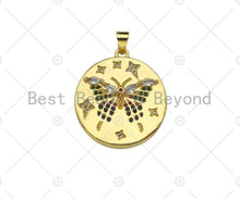 Load image into Gallery viewer, Colorful CZ Micro Pave Bee/Elephant/Butterfly On Round Coin Pendant,18K Dainty Gold Medallion Charm,Necklace Bracelet Charm,24x27mm,Sku#JL31