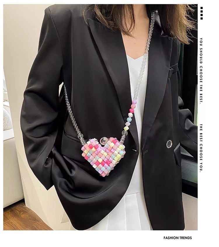 Beaded Pearl Crossbody Bag - Handmade Heart Tote Handbag for Women