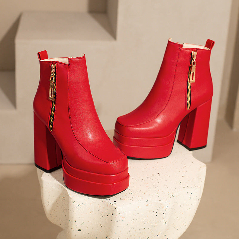 Women's Square Toe Chunky Heel Ankle Boots - Waterproof Platform Side Zipper Boots
