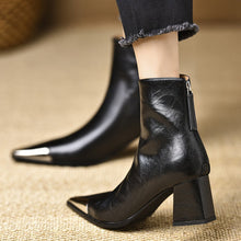 Load image into Gallery viewer, Pointed-Toe Chunky-Heel Leather Ankle Boots