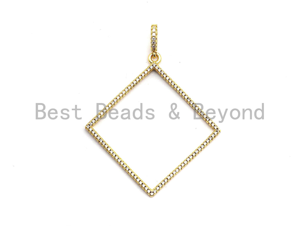 CZ Clear/Black Micro Pave Hollow Out Diamond Shape Pendant, CZ Pave Pendant, Gold/Rose Gold/Silver/Gunmetal, 43x46mm, Sku#F790