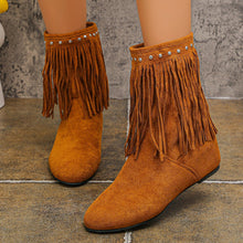 Load image into Gallery viewer, Women's Studded Tassel Mid-Calf Boots - Wedge Heel Suede Boots with Metal Accents