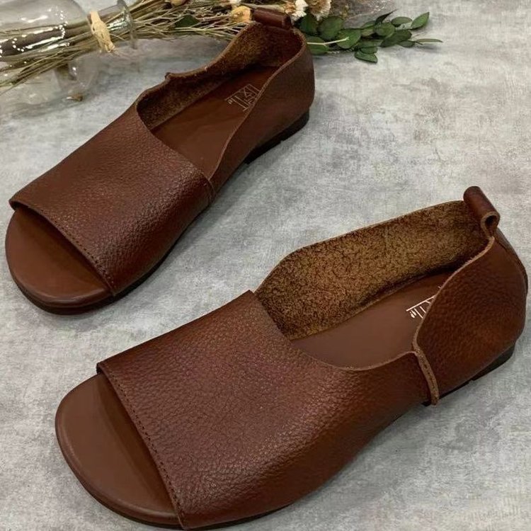 Women's Retro Handmade Soft Leather Open-Toe Sandals | Slip-On Fish-Mouth Shoes with Soft Sole