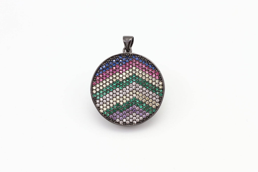 CZ Micro Pave Mixed Color Zigzag Round Disc Pendant, Cubic Zirconia Necklace Pendant, 25x31mm, sku#F3