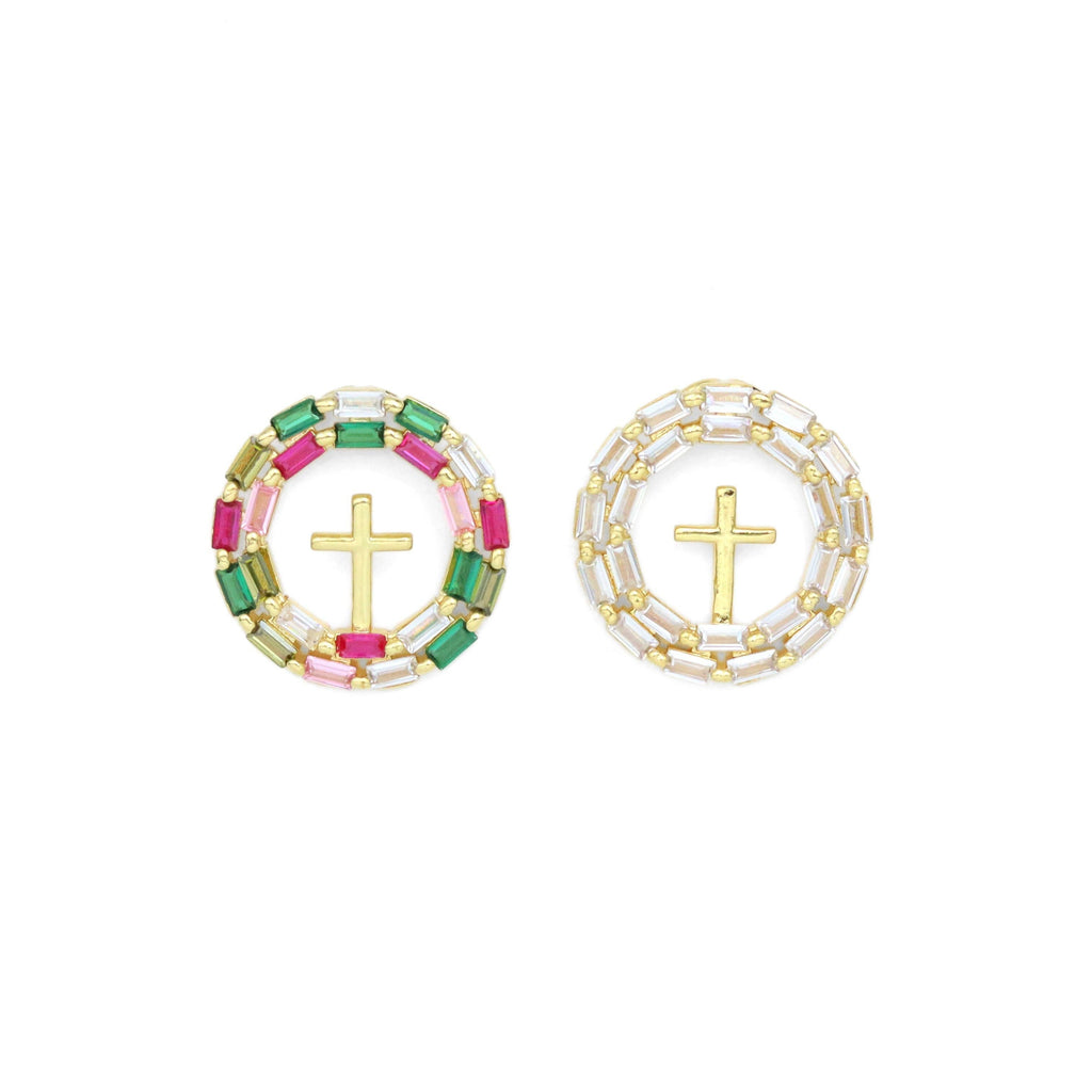 Baguette CZ Pave Gold Cross Circle Pendant, Sku#LX628